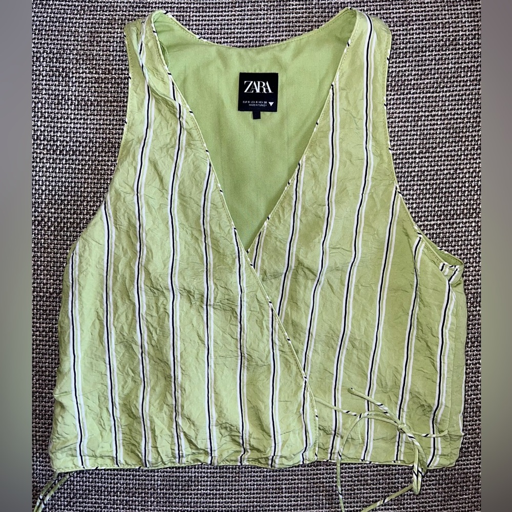 ZARA Boho Crinkle Wrap Vest Top • V-Neck Striped Tie Waist • Size Small